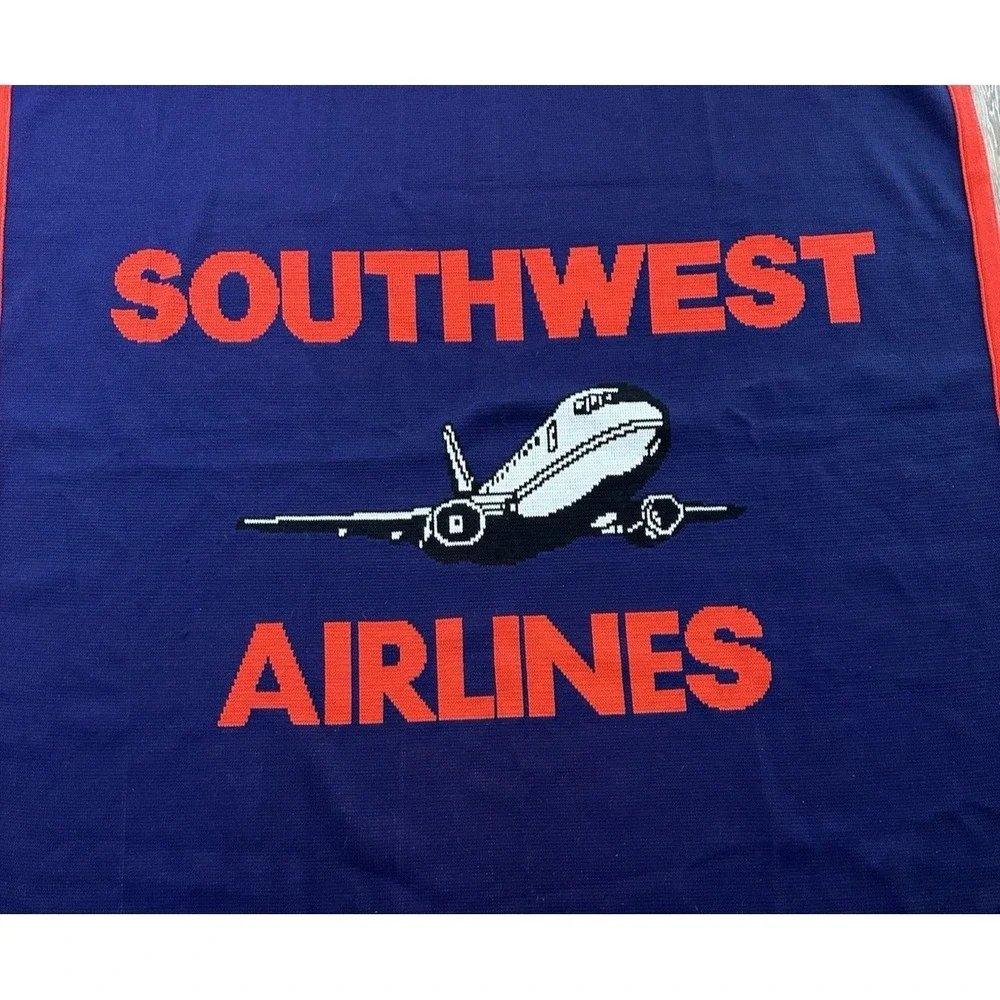 Southwest Airlines Blanket 100% Acrylic Vtg 80s USA Airplane Red Blue Logo Knits